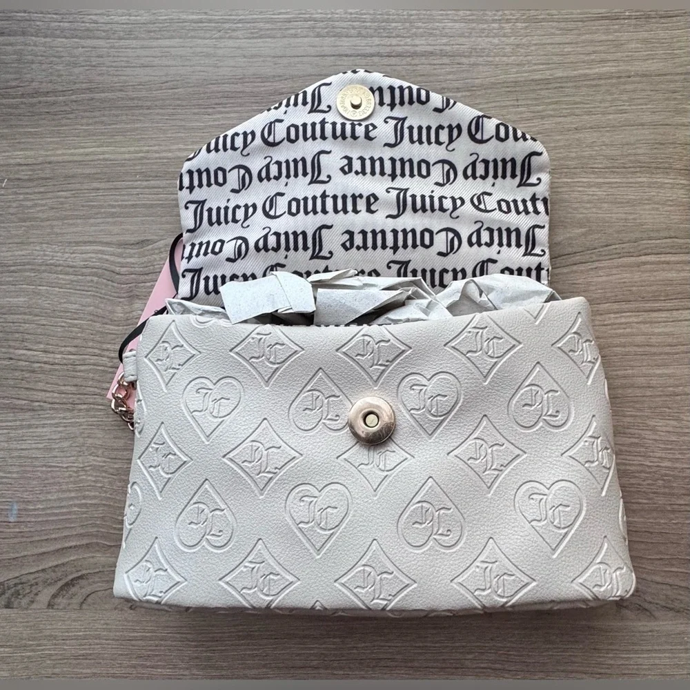 Juicy Couture Cream Embossed Wristlet Clutch with Heart Accent